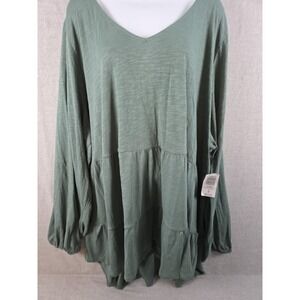 Torrid 6X Slub Knit Tiered V Neck Long Sleeve Top Forest Green Boho Relaxed NEW